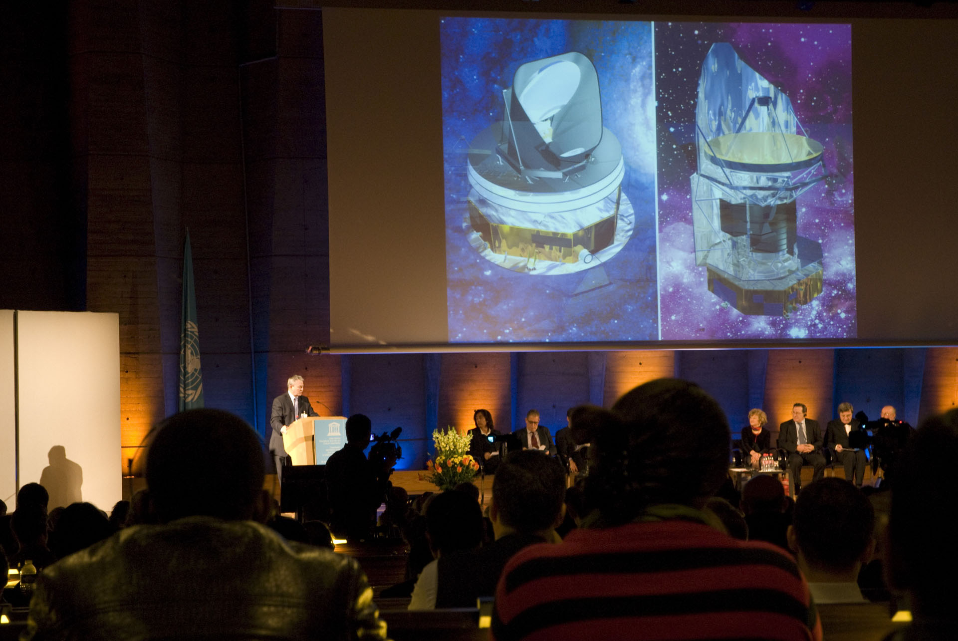 IYA2009 opening ceremony - President and CEO of Thales Alenia Space, Reynald Seznec uses Herschel (and Planck) to illustrate the achievements of the company IYA2009 opening ceremony - President and CEO of Thales Alenia Space, Reynald Seznec uses Herschel (and Planck) to illustrate the achievements of the company