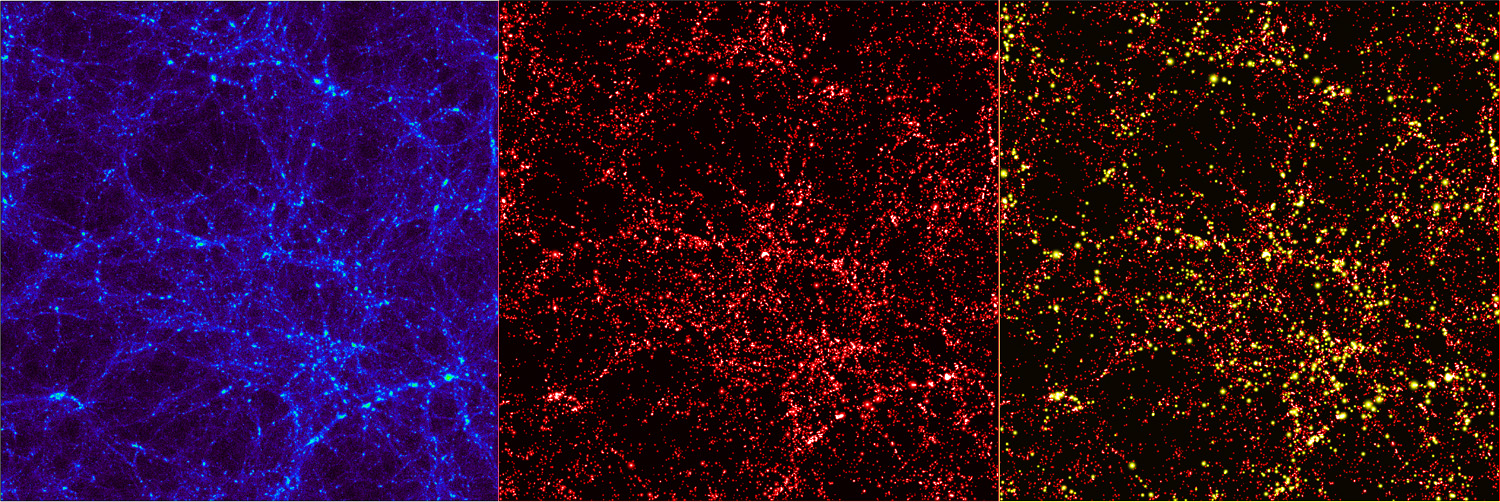 Distribution of the dark matter, obtained from a numerical simulation, at a redshift z~2, or when the Universe was about 3 billion years old. Credits: The Virgo Consortium/Alexandre Amblard/ESA Distribution of the dark matter, obtained from a numerical simulation, at a redshift z~2, or when the Universe was about 3 billion years old. Credits: The Virgo Consortium/Alexandre Amblard/ESA