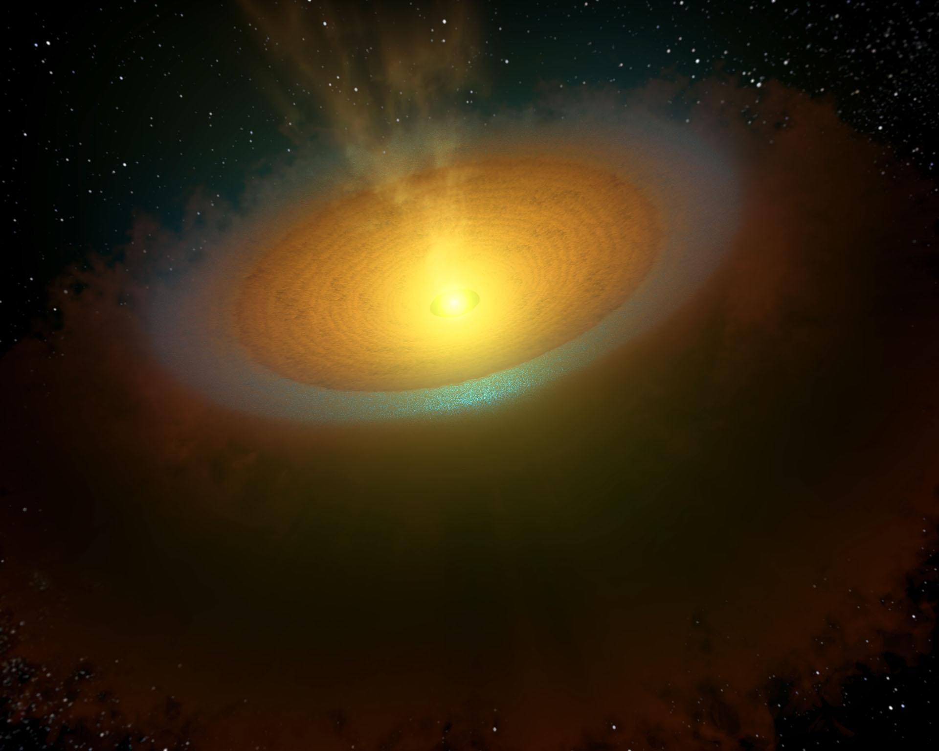 Artist's impression of the protoplanetary disc around the young star TW Hydrae. Copyright: ESA/NASA/JPL-Caltech Artist's impression of the protoplanetary disc around the young star TW Hydrae. Copyright: ESA/NASA/JPL-Caltech