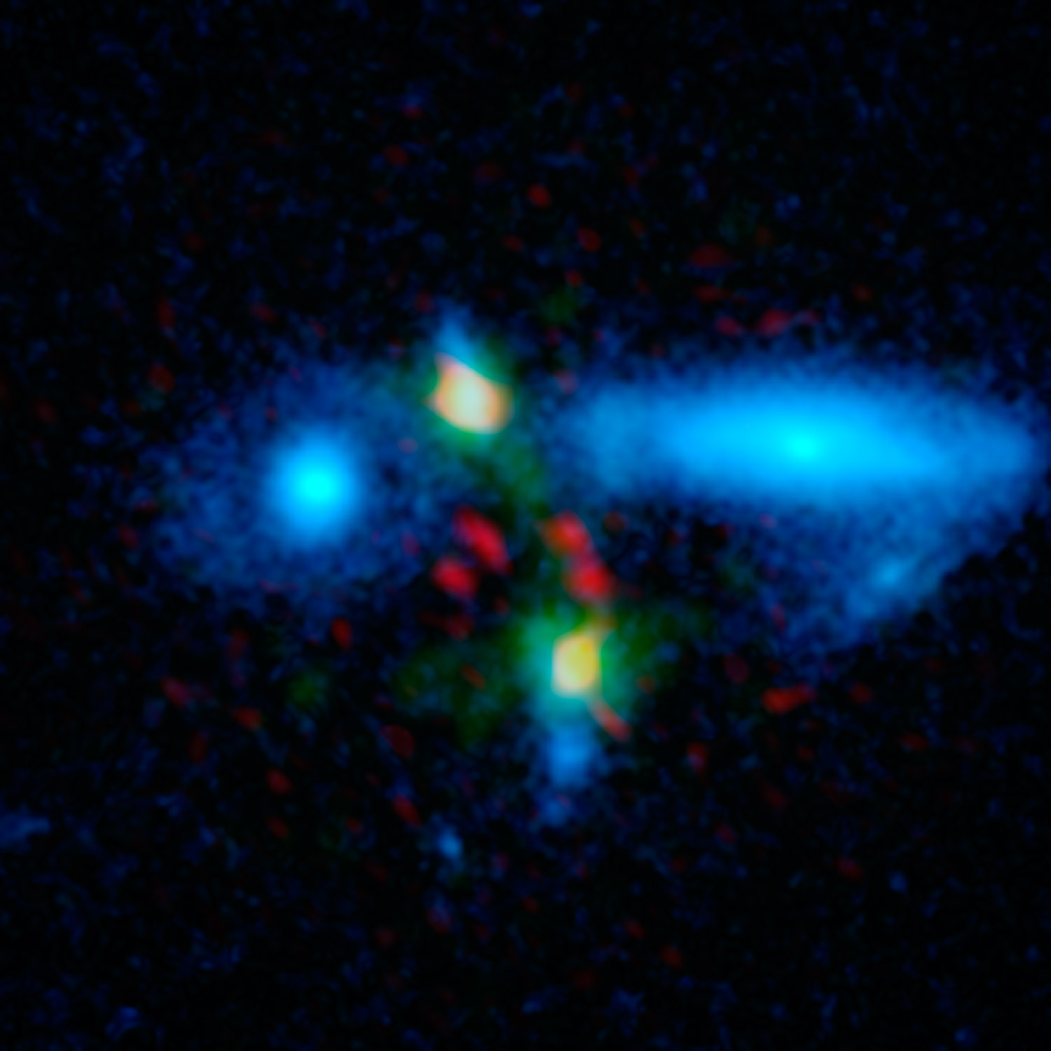 Multi-wavelength view of the merging galaxy pair HXMM01. Credit: ESA/NASA/JPL-Caltech/UC Irvine/STScI/Keck/NRAO/SAO