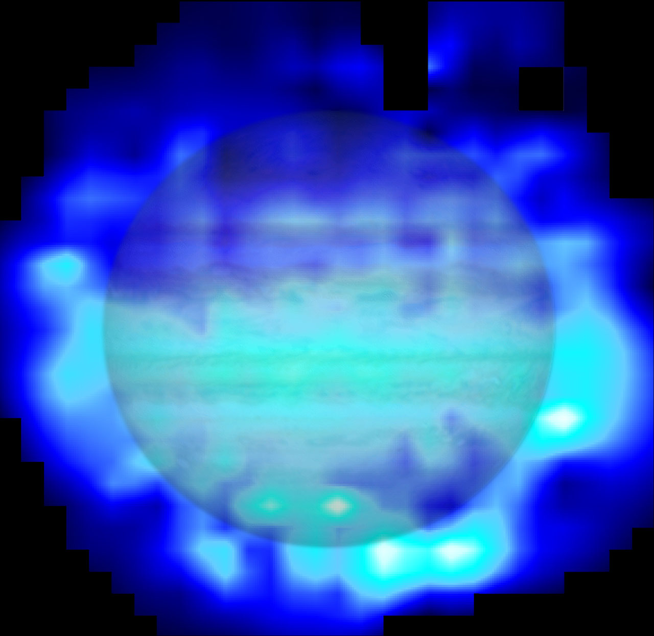 Distribution of water in Jupiter's stratosphere. Credit: Water map: ESA/Herschel/T. Cavalié et al.; Jupiter image: NASA/ESA/Reta Beebe (New Mexico State University) Distribution of water in Jupiter's stratosphere. Credit: Water map: ESA/Herschel/T. Cavalié et al.; Jupiter image: NASA/ESA/Reta Beebe (New Mexico State University)