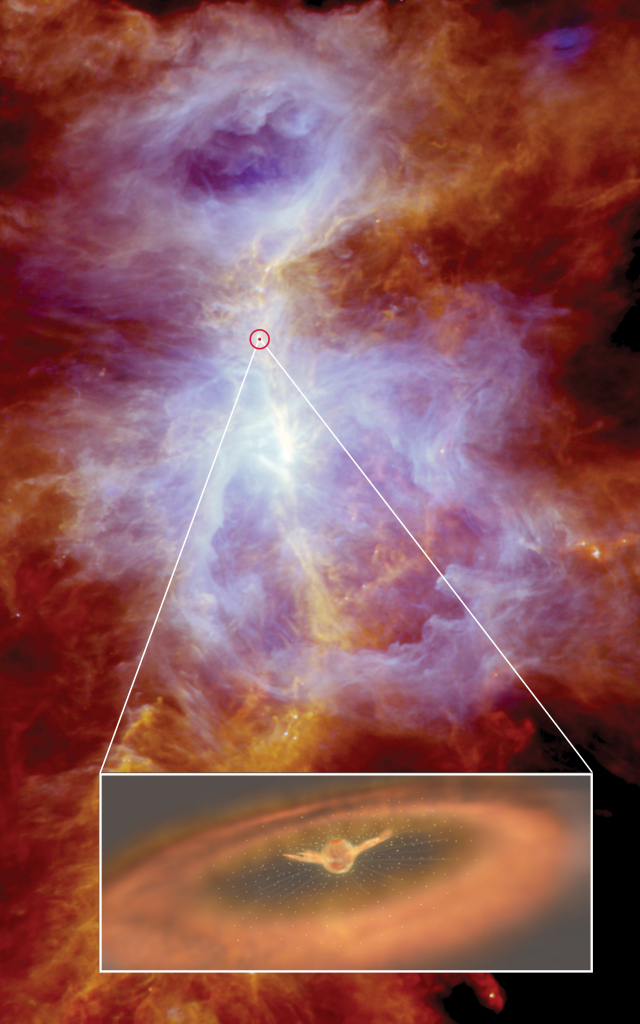 Violent wind gusting around protostar in Orion. Copyright: Herschel image: ESA/Herschel/Ph. André, D. Polychroni, A. Roy, V. Könyves, N. Schneider for the Gould Belt survey Key Programme; inset and layout: ESA/ATG medialab