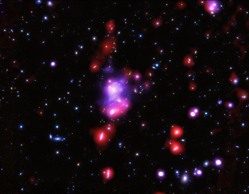 Galaxy Cluster Fireworks. Credit: X-ray: NASA/CXC/INAF/P.Tozzi, et al; Optical: NAOJ/Subaru and ESO/VLT; Infrared: ESA/Herschel/J. Santos, et al. Galaxy Cluster Fireworks. Credit: X-ray: NASA/CXC/INAF/P.Tozzi, et al; Optical: NAOJ/Subaru and ESO/VLT; Infrared: ESA/Herschel/J. Santos, et al.