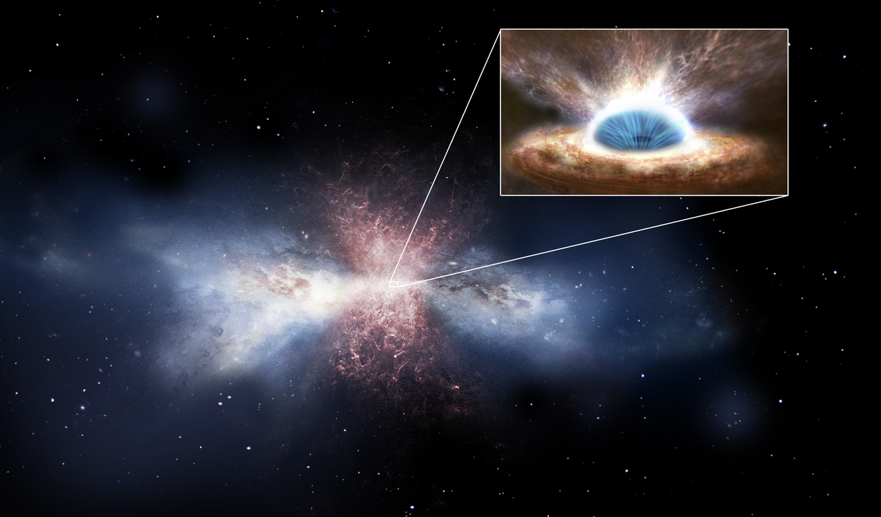 Black-hole winds sweep away the gas in galaxies - Artist's impression. Credit: ESA/ATG medialab Black-hole winds sweep away the gas in galaxies - Artist's impression. Credit: ESA/ATG medialab