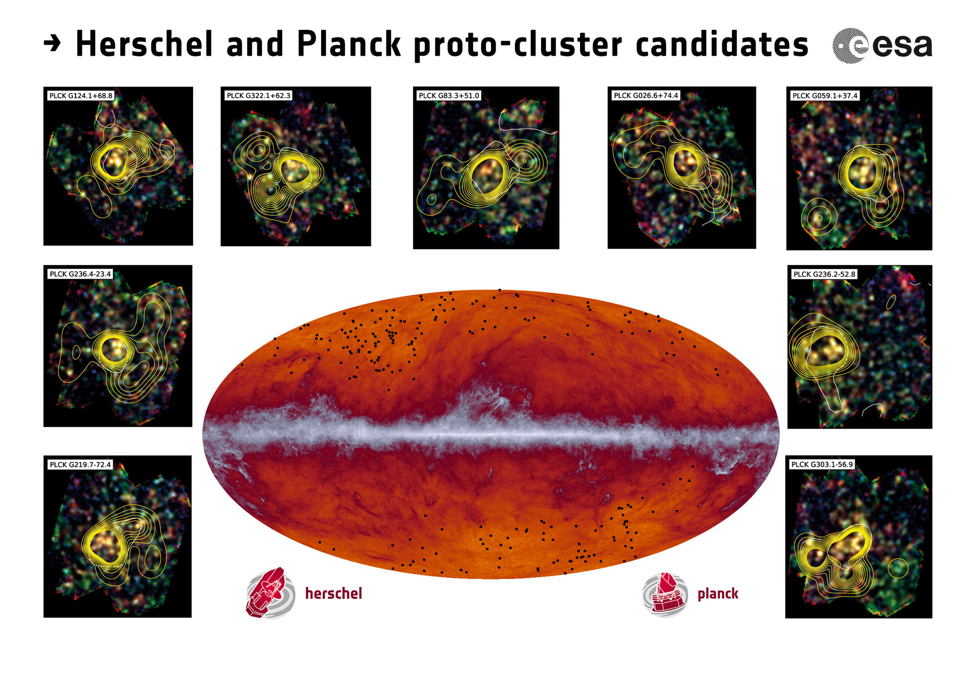 Proto-cluster candidates. Copyright ESA and the Planck Collaboration/ H. Dole, D. Guéry & G. Hurier, IAS/University Paris-Sud/CNRS/CNES Proto-cluster candidates. Copyright ESA and the Planck Collaboration/ H. Dole, D. Guéry & G. Hurier, IAS/University Paris-Sud/CNRS/CNES