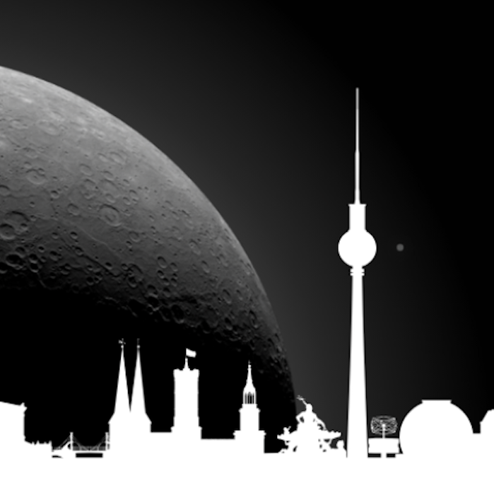 The Mercury Laboratory Workshop image showing an image of Mercury taken by Bepi Colombo with a superimposed skyline of Berlin