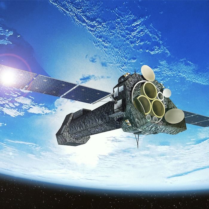 Artist's impression of XMM-Newton. It shows the spacecraft in orbit; Earth appears in the background.