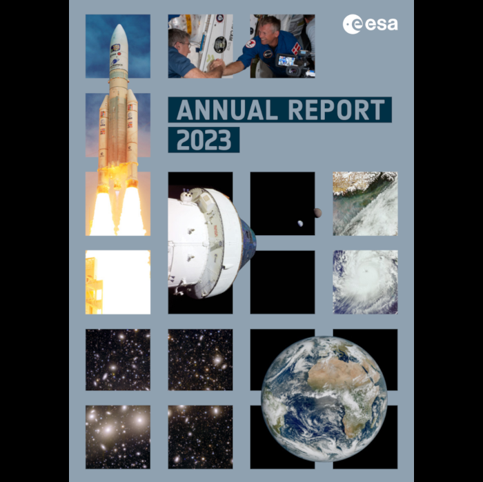 The front page of the report is shown. There appears a spacecraft launching, two astronauts shaking hands, a visual of the Universe, Earth and a tornado seen from space.