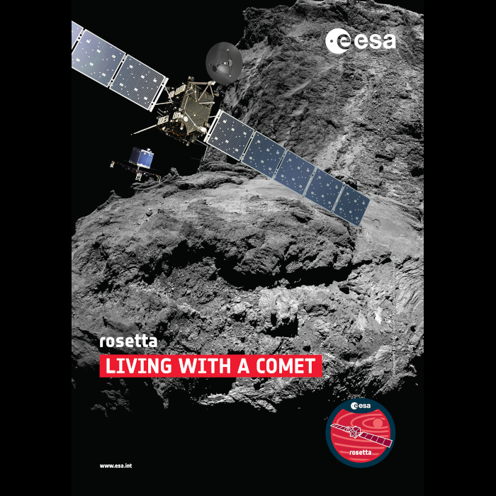 The Rosetta mission poster: 'Living with a comet'. The poster has the Rosetta spacecraft and Philae lander floating in front of the Comet 67P/Churyumov-Gerasimenko and includes the Rosetta mission logo in the bottom right.