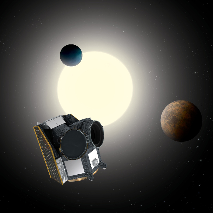 Artist impression of Cheops, the Characterising Exoplanet Satellite, with an exoplanet system in the background.