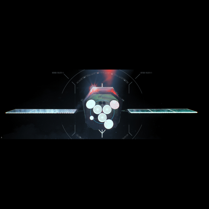 Artist impression of the XMM-Newton backside, showing the mirror modules and solar panels over a dark background.