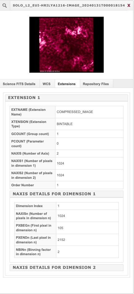 Metadata view of FITS Extension(s) information