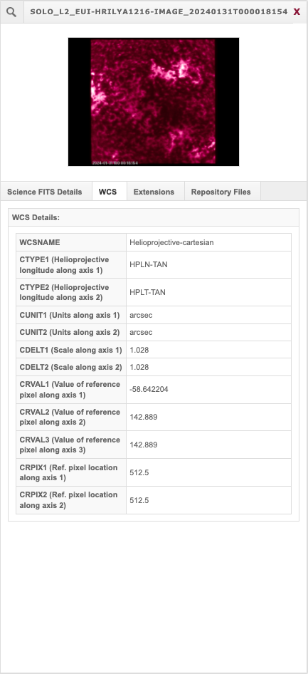 Metadata view of FITS WCS information